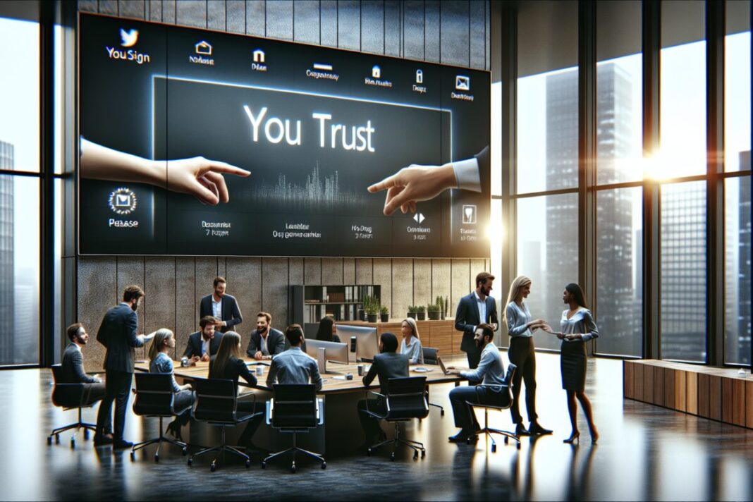 Yousign devient Youtrust : pourquoi ce changement de nom pourrait bouleverser le business Transition de Yousign à Youtrust dans un bureau moderne.