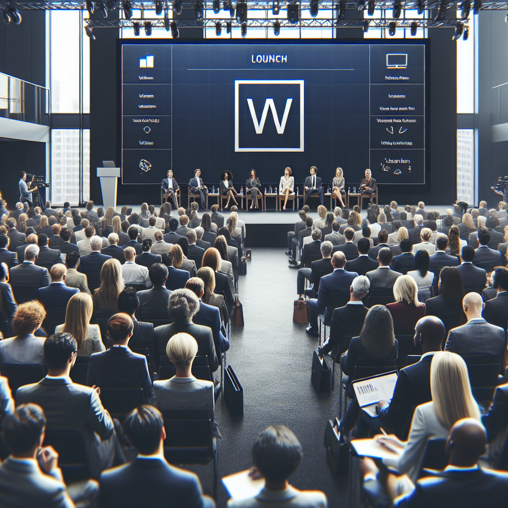 Salle de conférence avec le logo Youtrust lors d'un événement de lancement.
