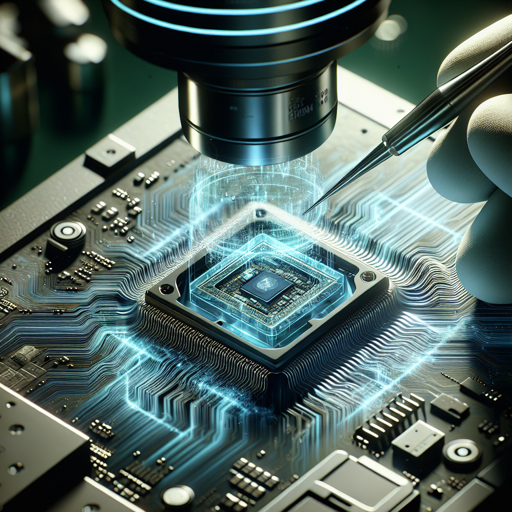 Vue rapprochée d'une puce microélectronique sous microscope.