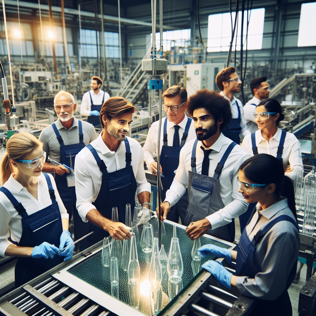 Employés travaillant avec des matériaux en verre, montrant la collaboration.