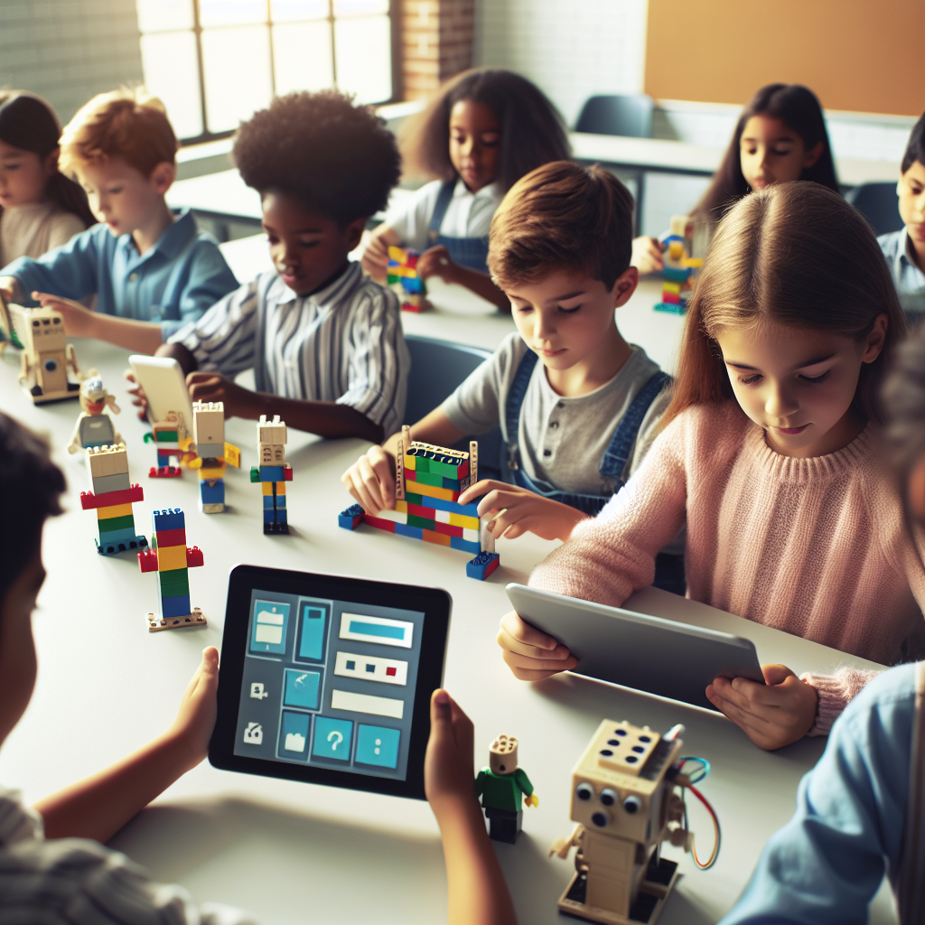Enfants utilisant une application Lego sur tablette