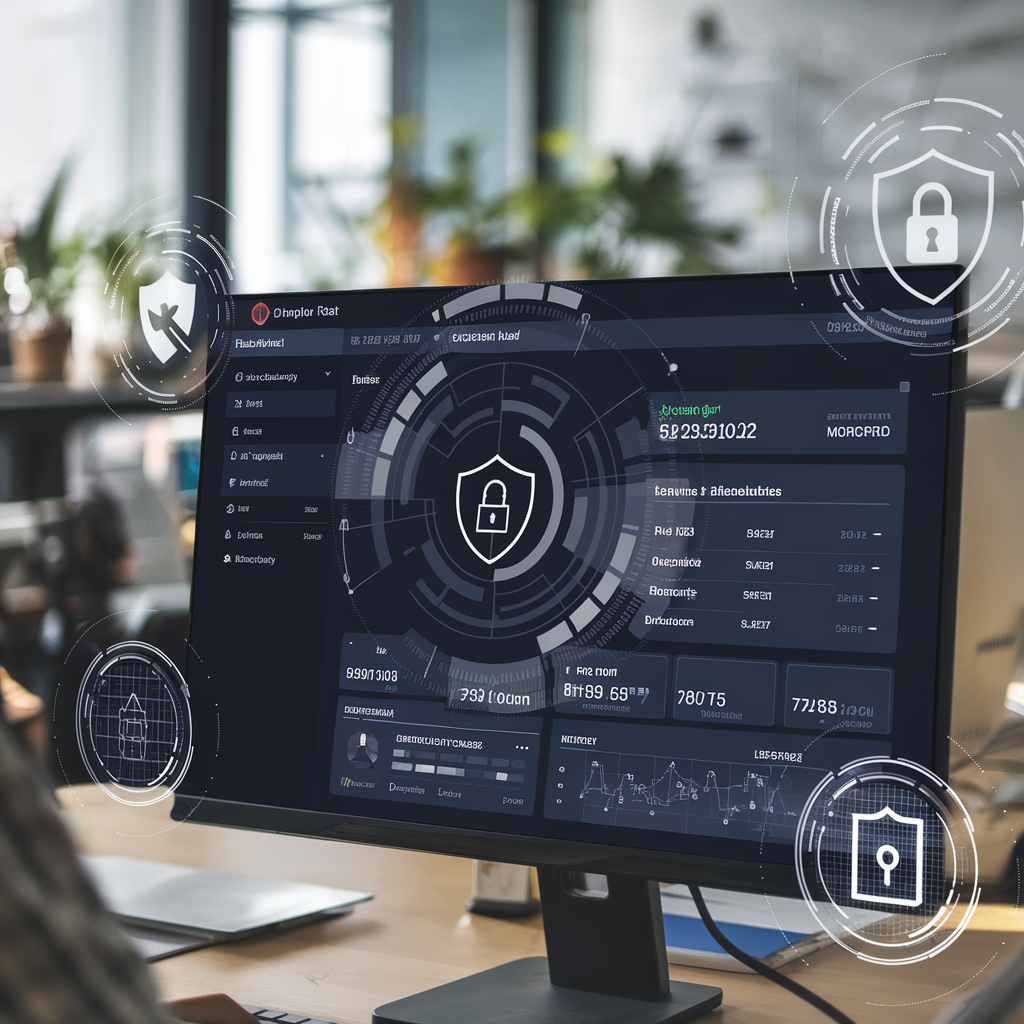 Écran d'ordinateur avec tableau de bord de cybersécurité.