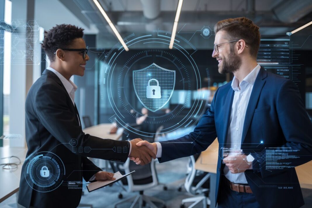 Mailinblack et Bouygues Telecom Business s'associent pour renforcer la cybersécurité des entreprises Professionnels se serrant la main, symbolisant un partenariat en cybersécurité.