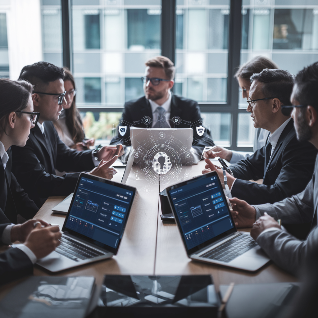 Salle de réunion avec professionnels discutant de stratégies de cybersécurité.