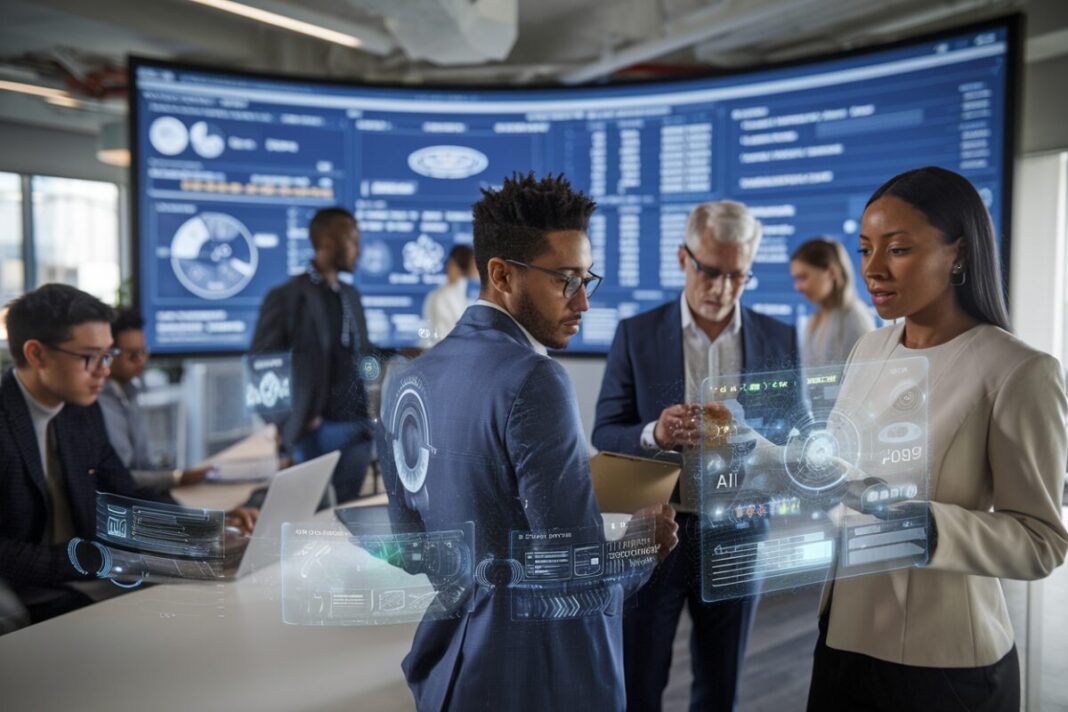 Vespa.ai : Un programme de partenariat pour booster la réussite client avec l'IA Professionnels collaborant dans un bureau futuriste avec technologie IA