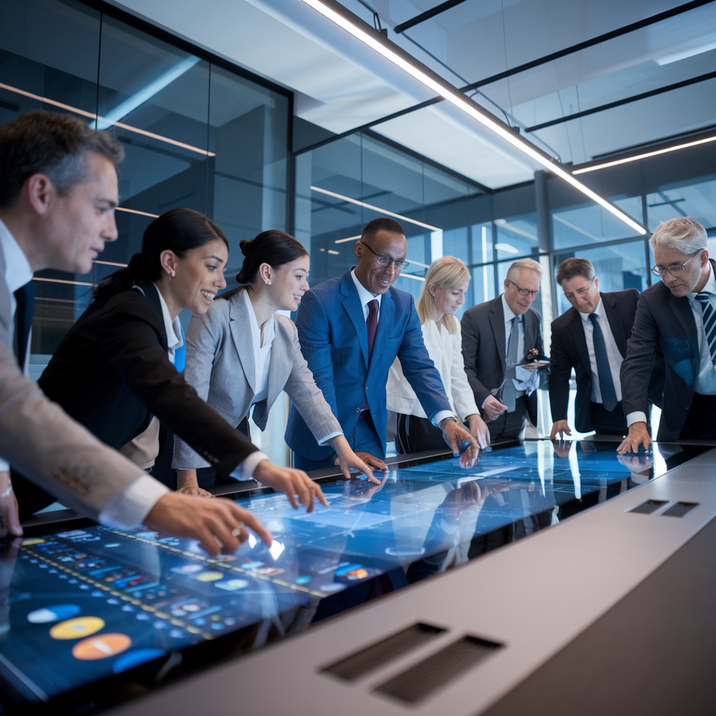 Professionnels utilisant des outils pilotés par l'IA en salle de conférence