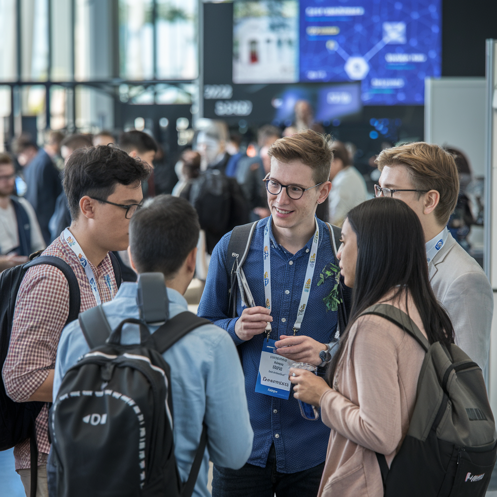 Étudiants internationaux à une conférence tech sur l'IA.