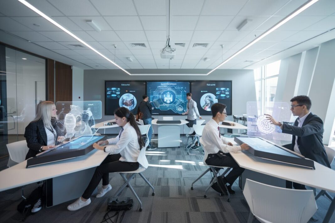 NEOMA x Mistral AI : une alliance stratégique pour révolutionner l'enseignement supérieur avec l'IA Des étudiants dans une salle de classe moderne utilisant des outils éducatifs pilotés par l'IA.