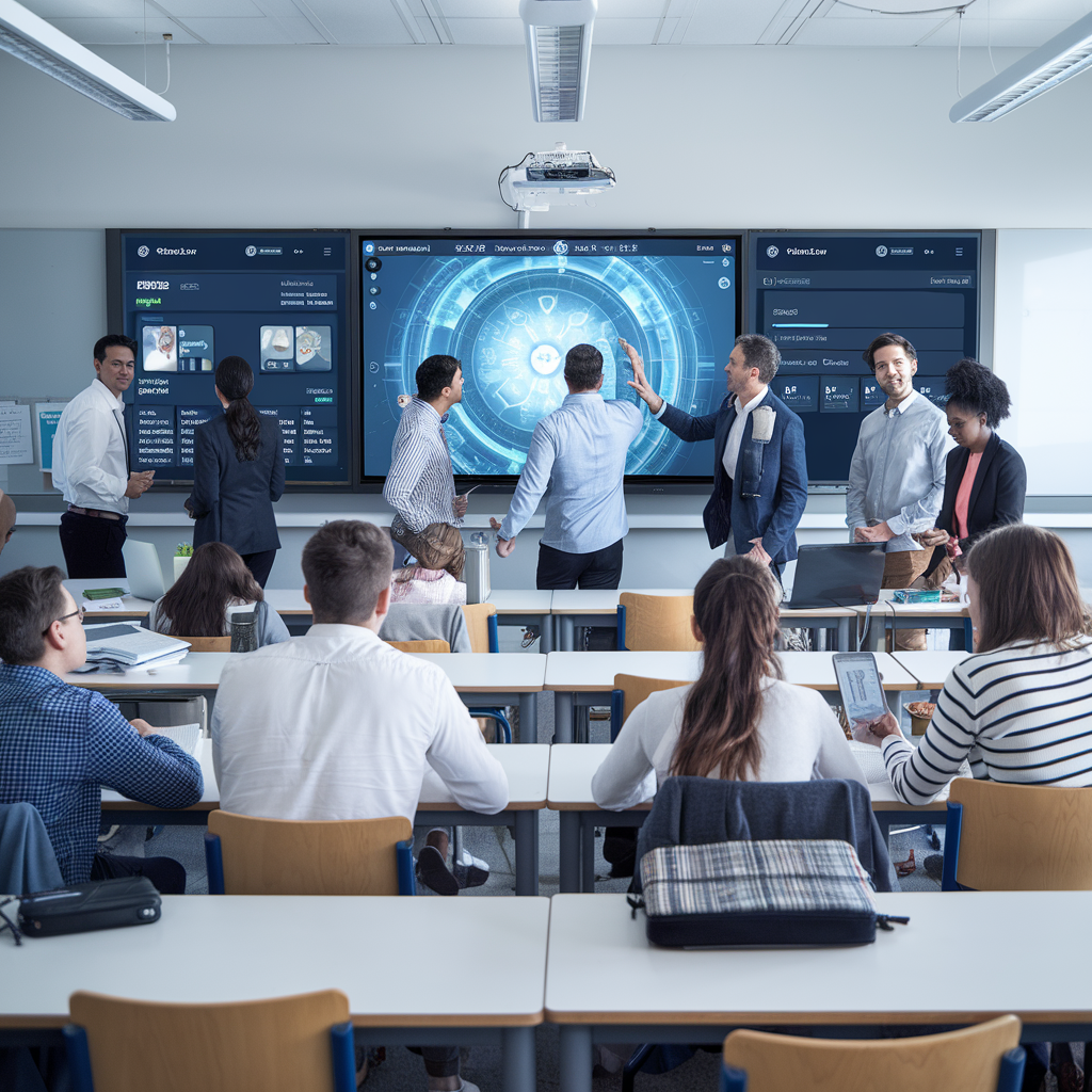 Étudiants et professeur utilisant un tableau blanc numérique avec du contenu généré par l'IA.