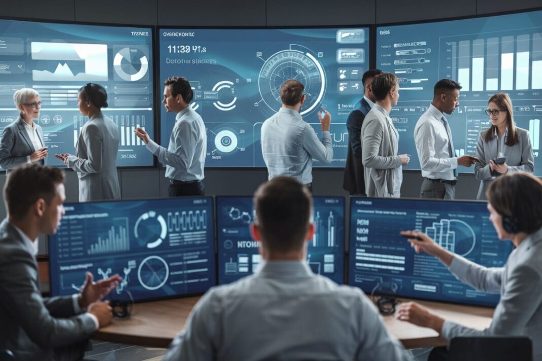 SAP s'associe à Databricks pour lancer Business Data Cloud : une avancée stratégique vers l'IA d'entreprise Des professionnels analysant des données sur des écrans numériques dans un bureau futuriste.