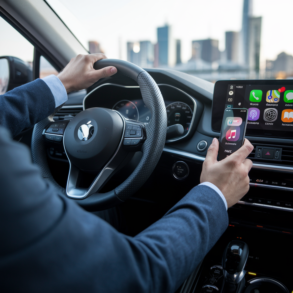 Utilisation de CarPlay avec musique et navigation.
