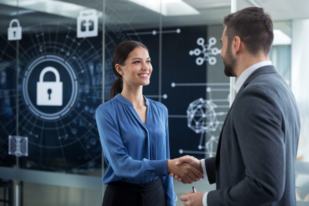 CrowdStrike et Nord Security : un partenariat stratégique pour la cybersécurité des PME Deux professionnels se serrant la main dans un bureau moderne, symbolisant un partenariat stratégique en cybersécurité.