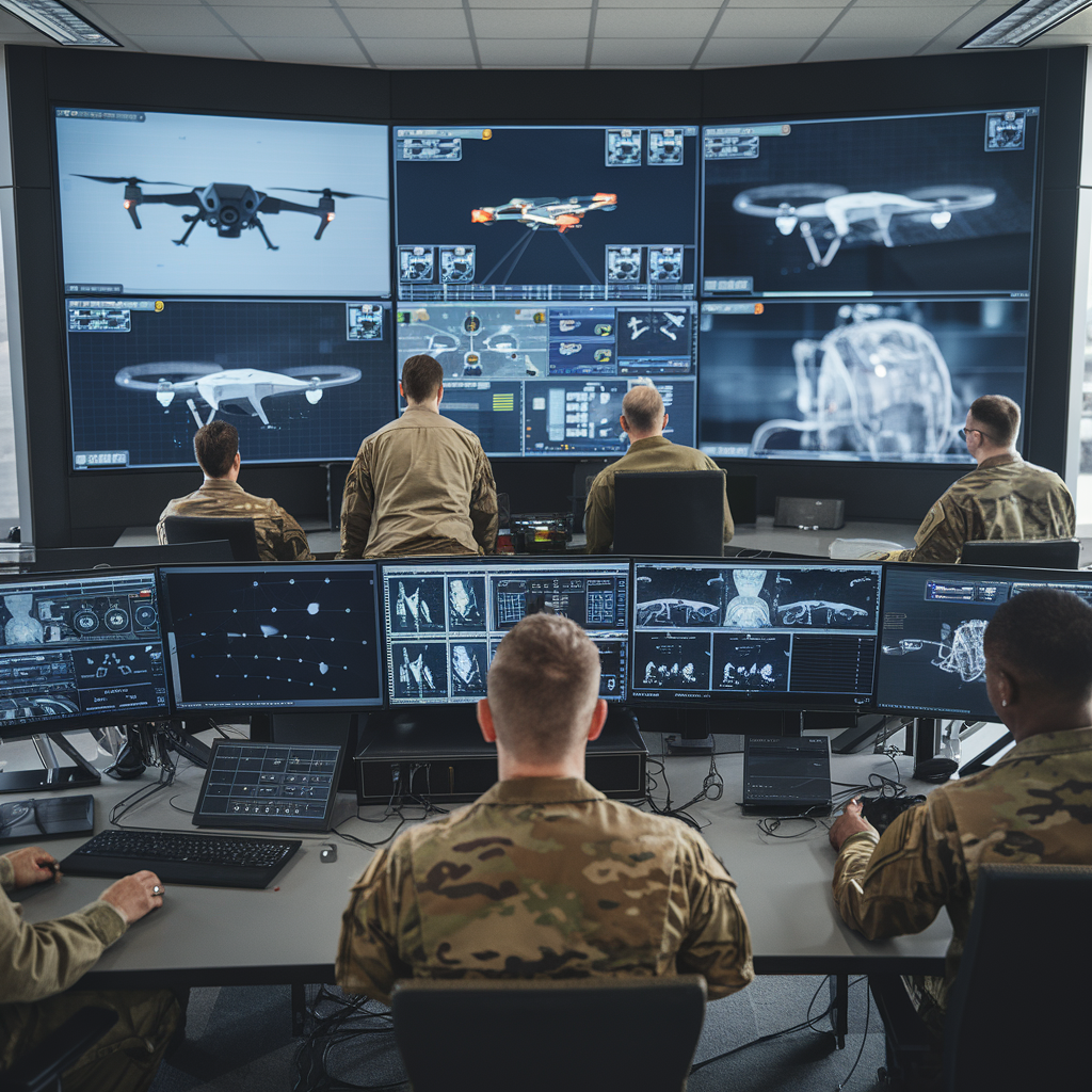 Salle de contrôle high-tech avec ingénieurs et personnel militaire.