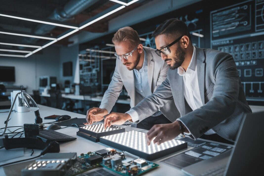 iSMART Developments et L'Oréal : un partenariat innovant pour révolutionner la luminothérapie Ingénieurs travaillant sur des dispositifs LED avancés dans un laboratoire moderne
