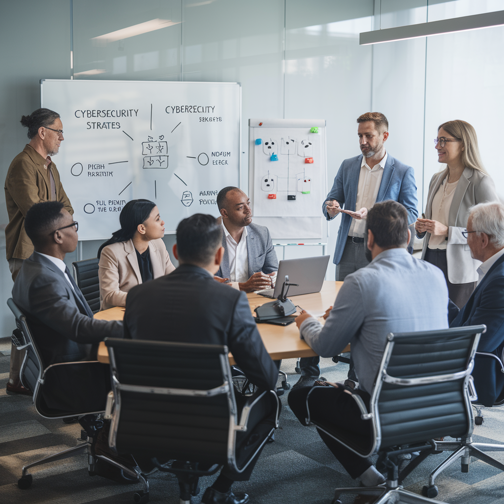 Salle de réunion avec des individus discutant de stratégies de cybersécurité