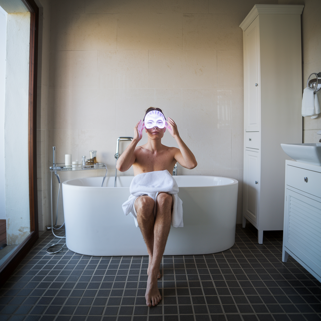 Personne utilisant un masque de luminothérapie LED dans une salle de bain moderne