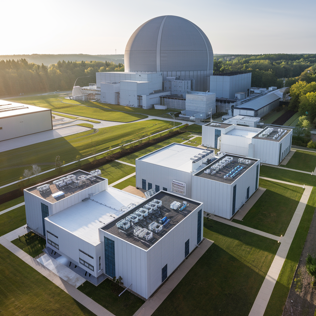 Vue aérienne d'un complexe de data centers moderne avec un réacteur nucléaire futuriste