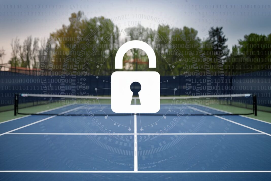 Cyberattaque à la Fédération française de tennis : données compromises, plainte déposée Illustration d'un court de tennis avec un symbole de cadenas pour la cybersécurité