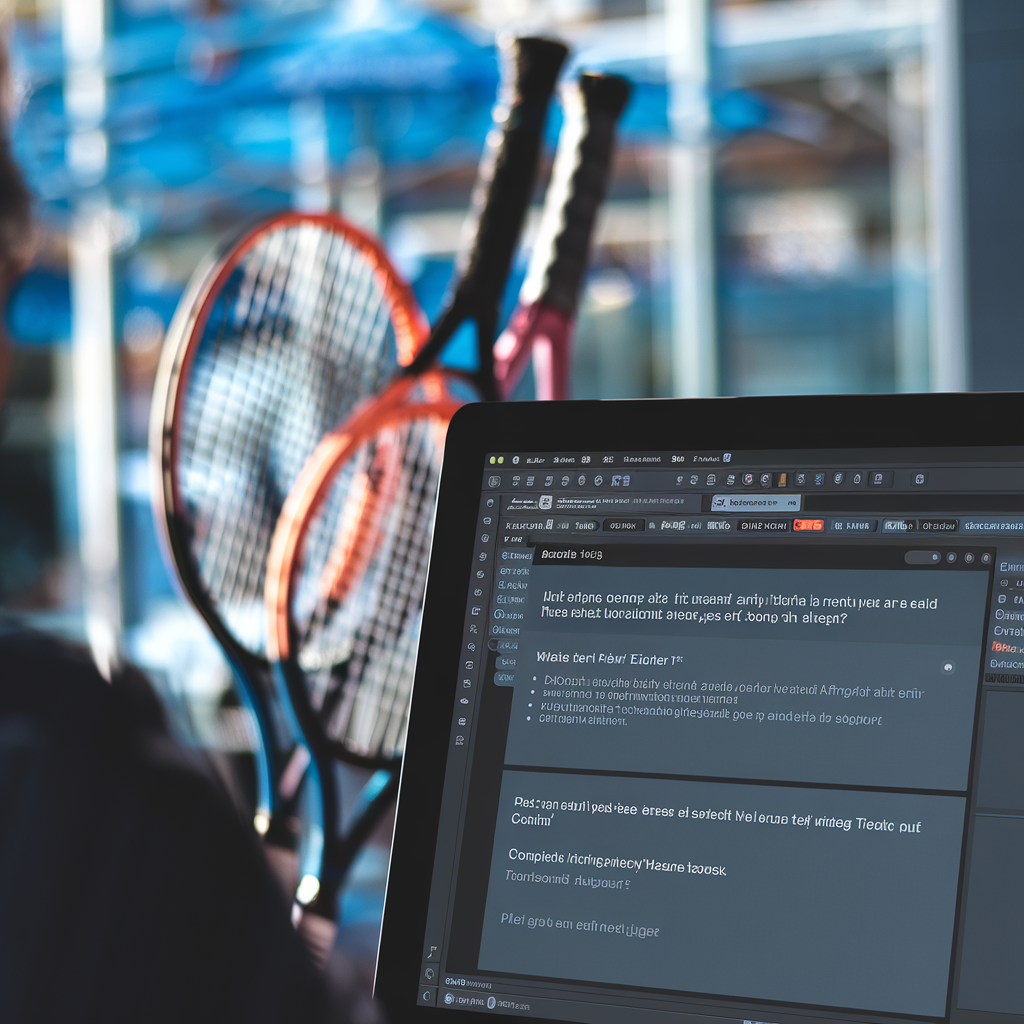 Écran d'ordinateur affichant une alerte de violation de données avec équipement de tennis en arrière-plan
