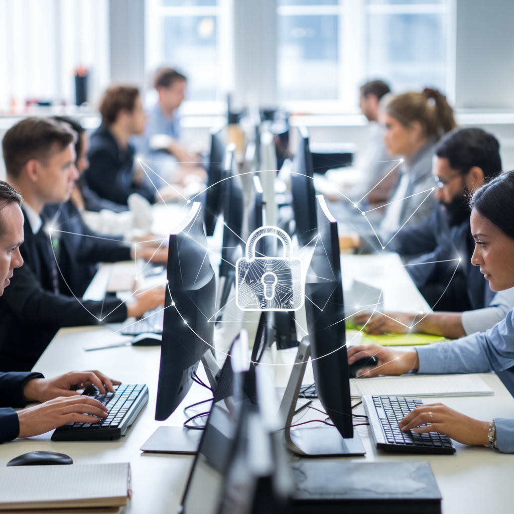 Bureau avec des employés de PME travaillant sur des ordinateurs, avec des icônes de sécurité numérique.