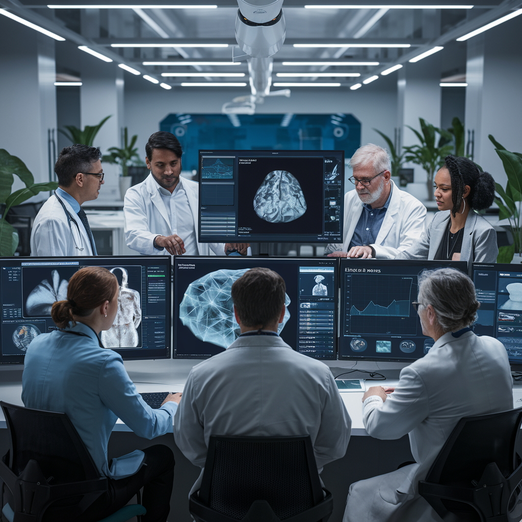 Professionnels de santé et développeurs utilisant MedGemma 1.5 dans un laboratoire futuriste