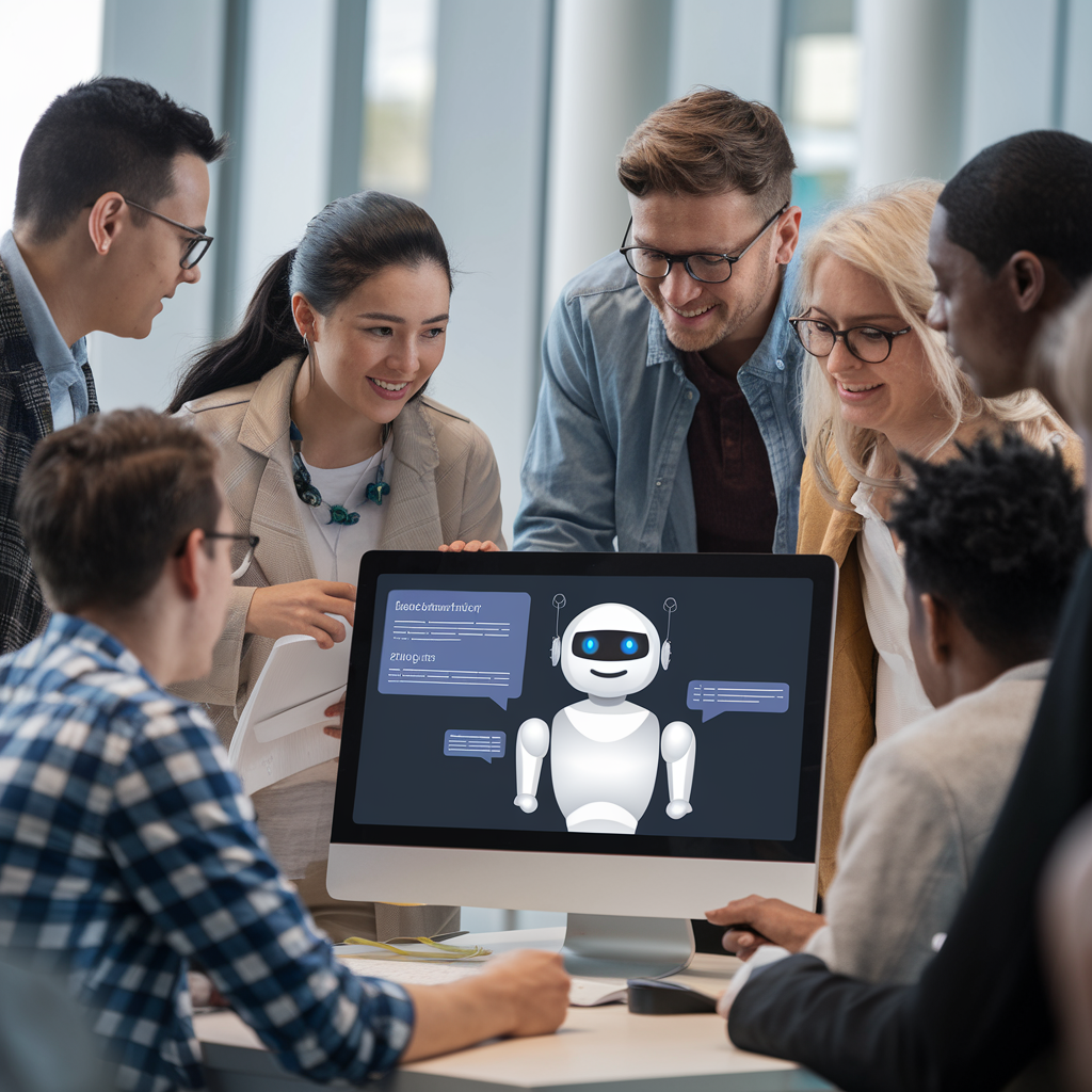 Étudiants universitaires autour d'un écran avec un chatbot.