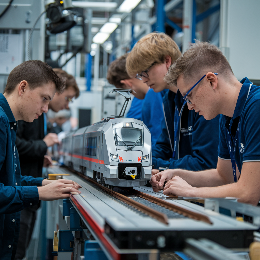 Ingénieurs et étudiants de SupMicrotech travaillant sur un modèle de train.