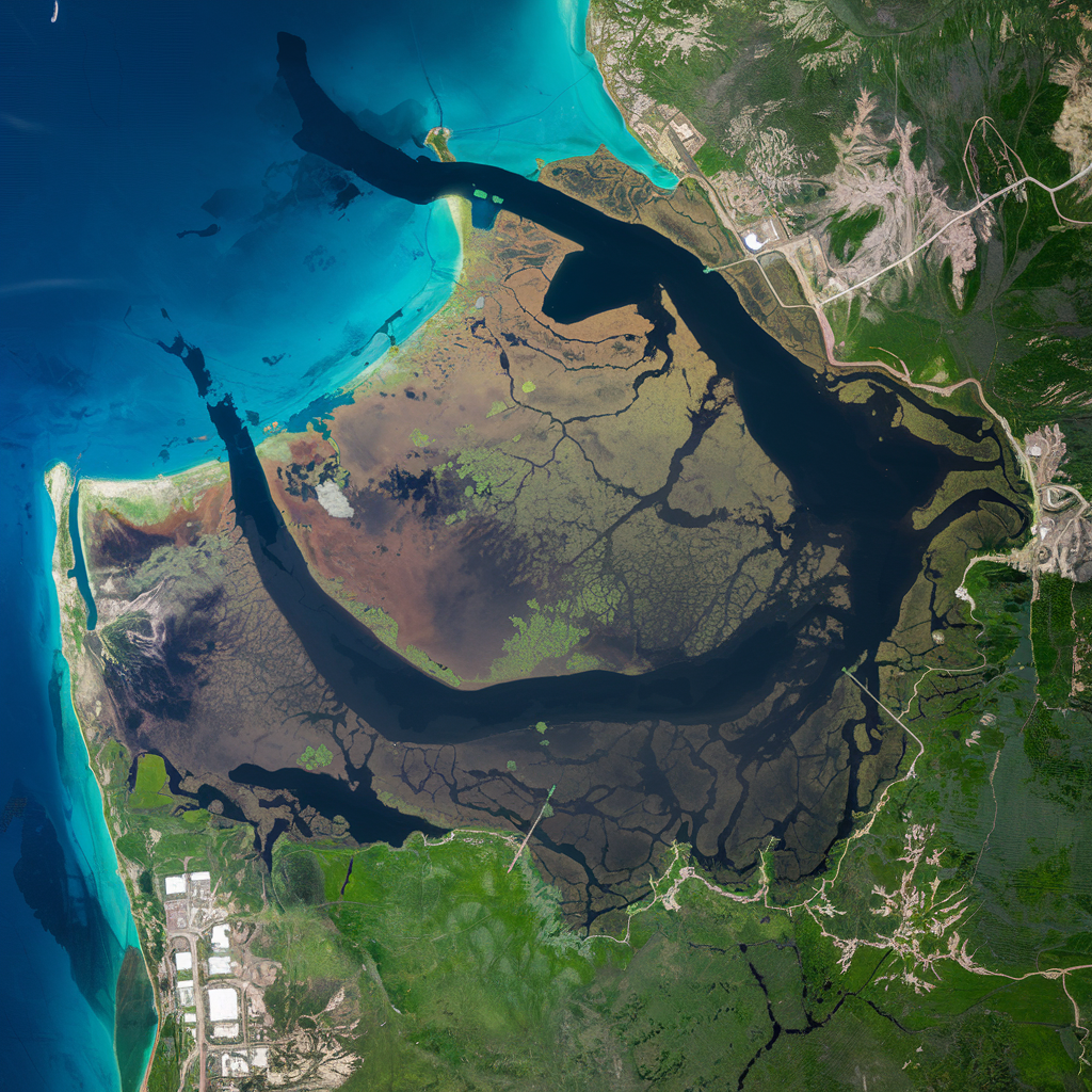 Vue satellite d'une zone humide côtière.