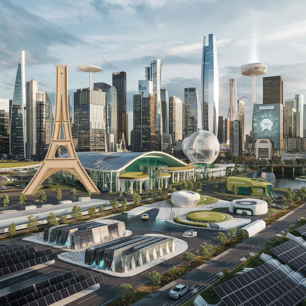 Paysage urbain futuriste avec innovations vertes.