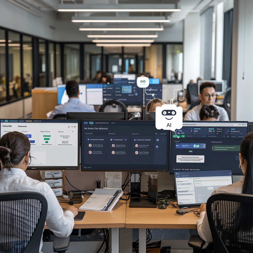 Personnel administratif utilisant un tableau de bord numérique avec un chatbot.