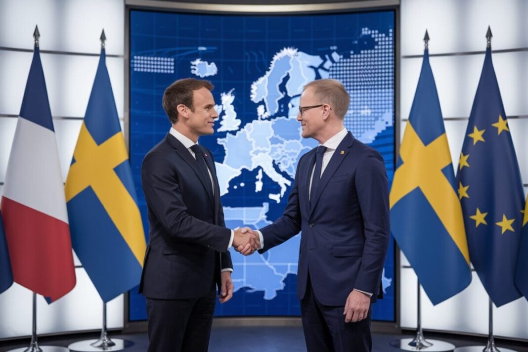 France et Suède : un partenariat stratégique pour une société durable et numérique Emmanuel Macron et Ulf Kristersson se serrant la main, symbolisant le partenariat stratégique.