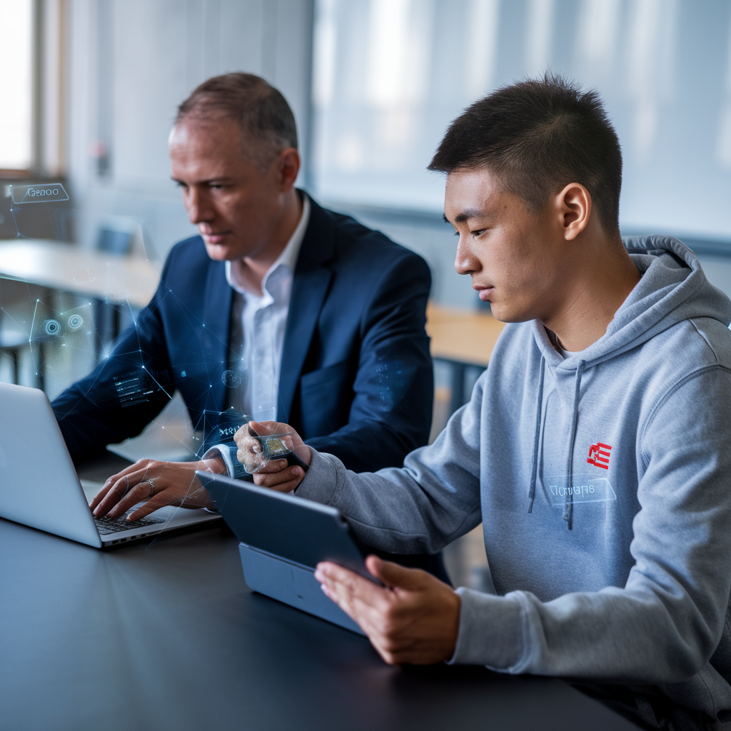 Professeurs et étudiants interagissant avec la technologie IA.