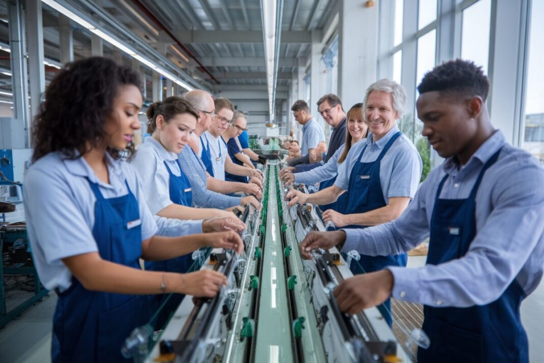 Collaborative Work in Glass Manufacturing Des employés collaborant dans une usine de verre moderne
