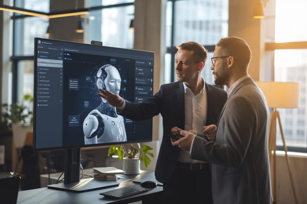 Discussion AI en entreprise Deux hommes d'affaires discutent de l'intégration de l'IA en entreprise