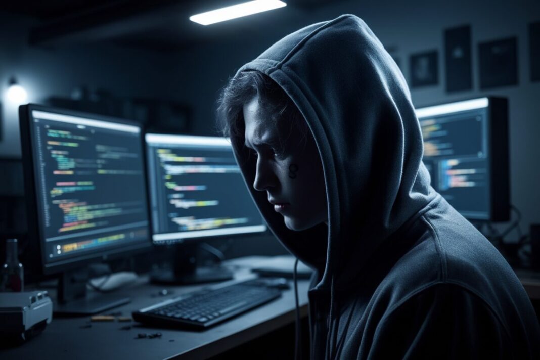 Hacker en action Hacker devant des écrans dans une pièce sombre