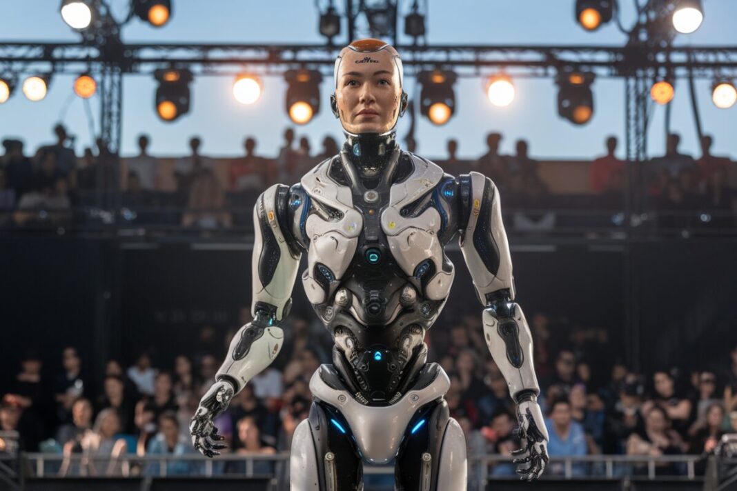 Robot humanoïde de Xpeng sur scène Le robot humanoïde de Xpeng présenté sur scène lors d'un événement