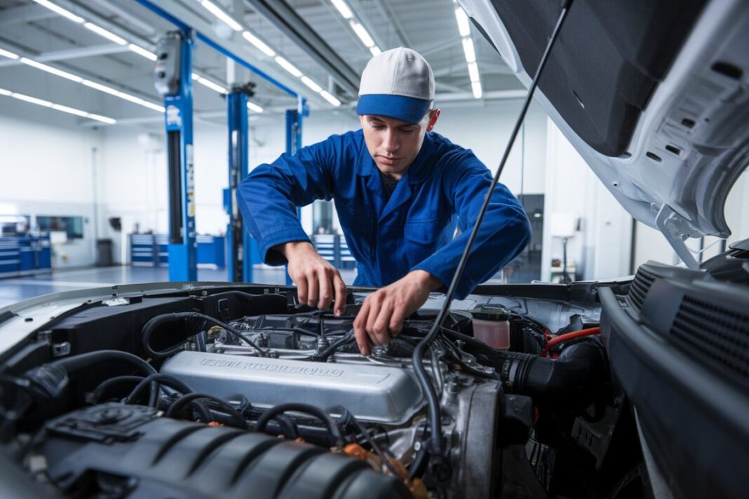 Mécanicien travaillant sur un moteur Un mécanicien répare un moteur de voiture dans un atelier moderne
