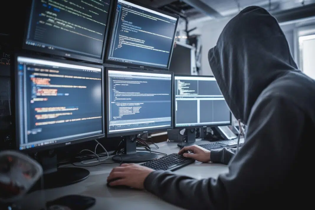 Hacker en action Un hacker tapant sur un clavier avec des écrans de code