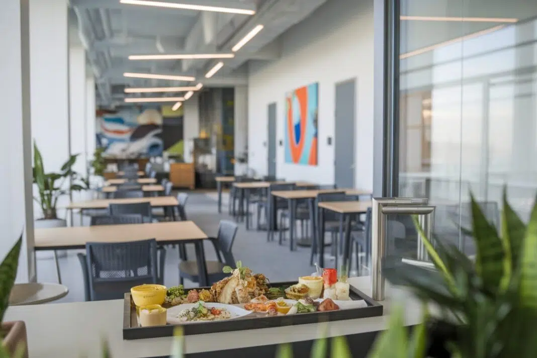 Cafétéria d'entreprise avec repas gastronomique Cafétéria moderne avec présentation de repas gastronomique