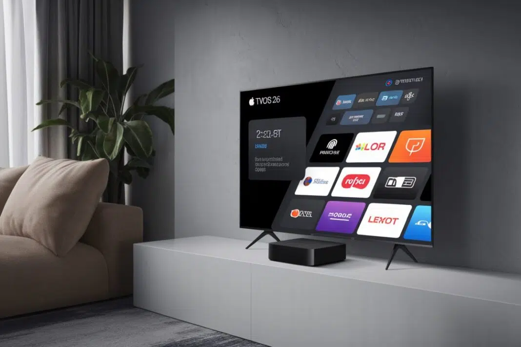 Apple TV HD et tvOS 26 Apple TV HD affichant l'interface tvOS 26 dans un salon moderne