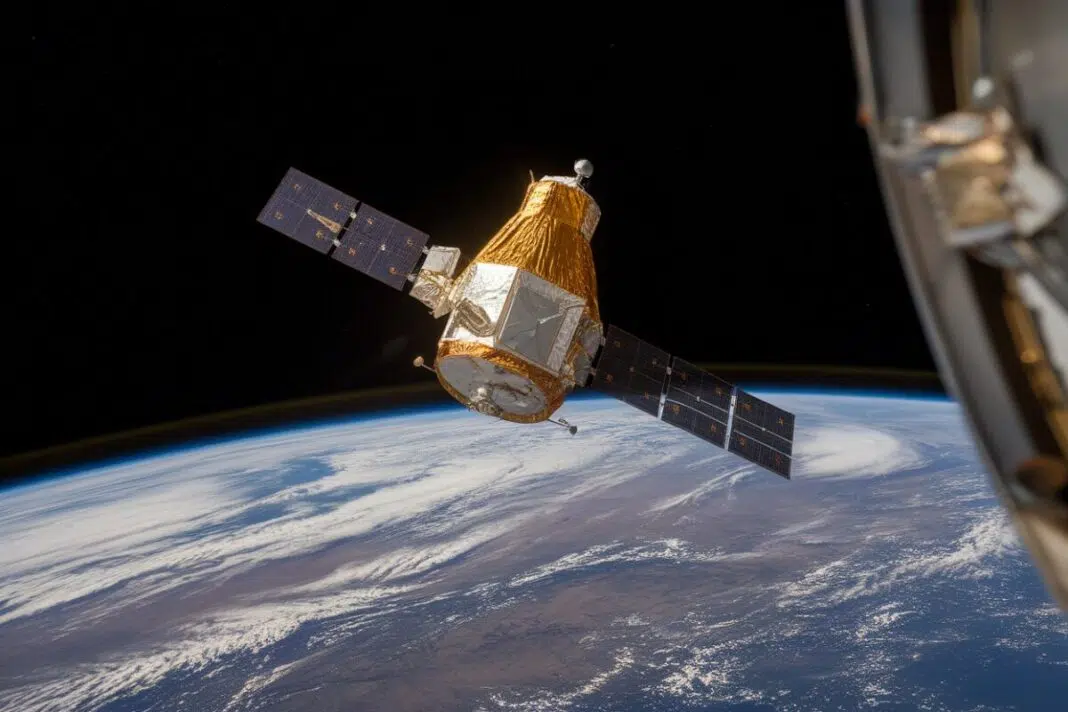 Satellite en orbite autour de la Terre Satellite moderne en orbite capturant des images de la Terre