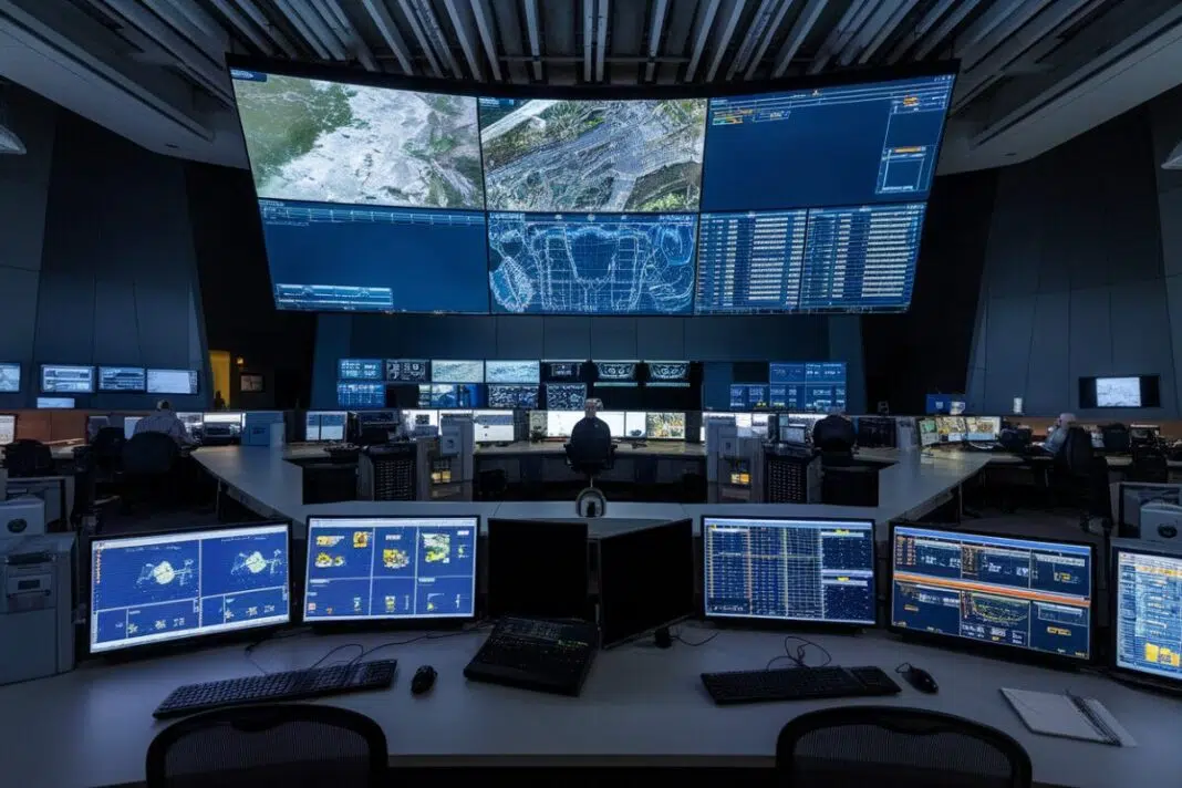 Salle de contrôle du renseignement géospatial Salle de contrôle avec écrans de données géospatiales