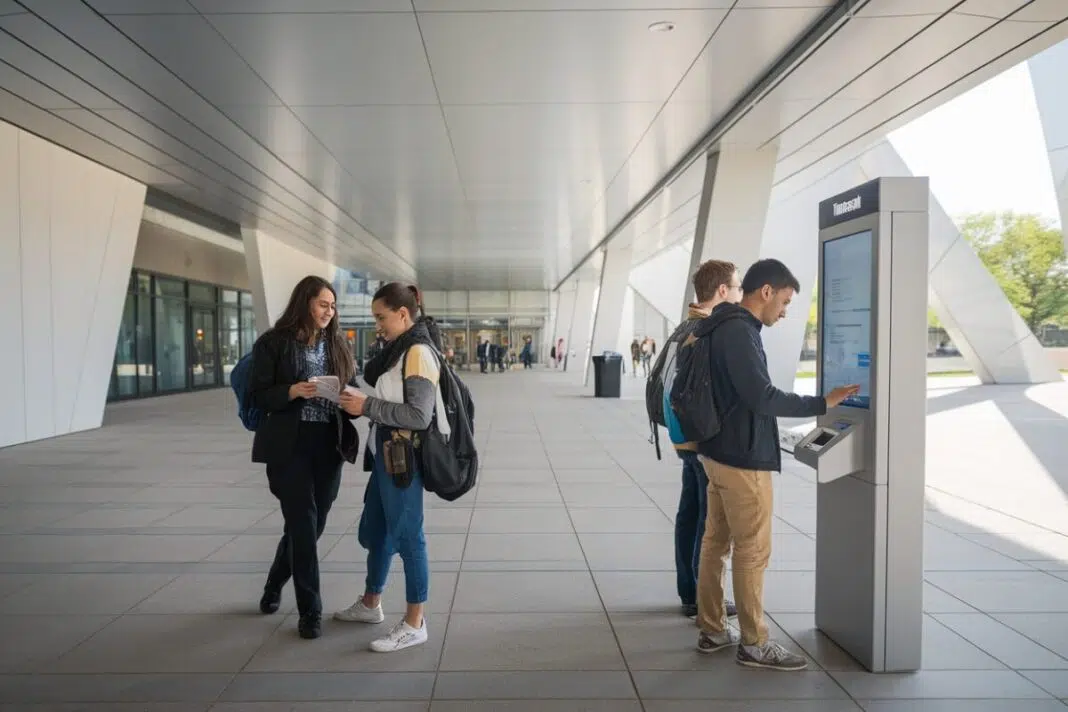 Campus universitaire moderne Étudiants interagissant avec un kiosque d'information numérique sur un campus