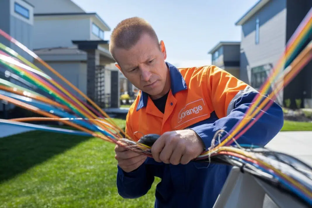 Technicien Orange inspectant les câbles fibre Technicien Orange vérifiant les câbles fibre optique