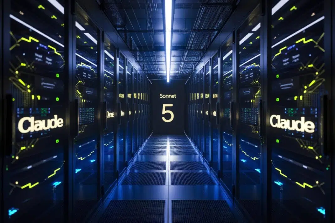 Salle de serveurs futuriste avec Claude Sonnet 5 Salle de serveurs futuriste avec logo Claude Sonnet 5