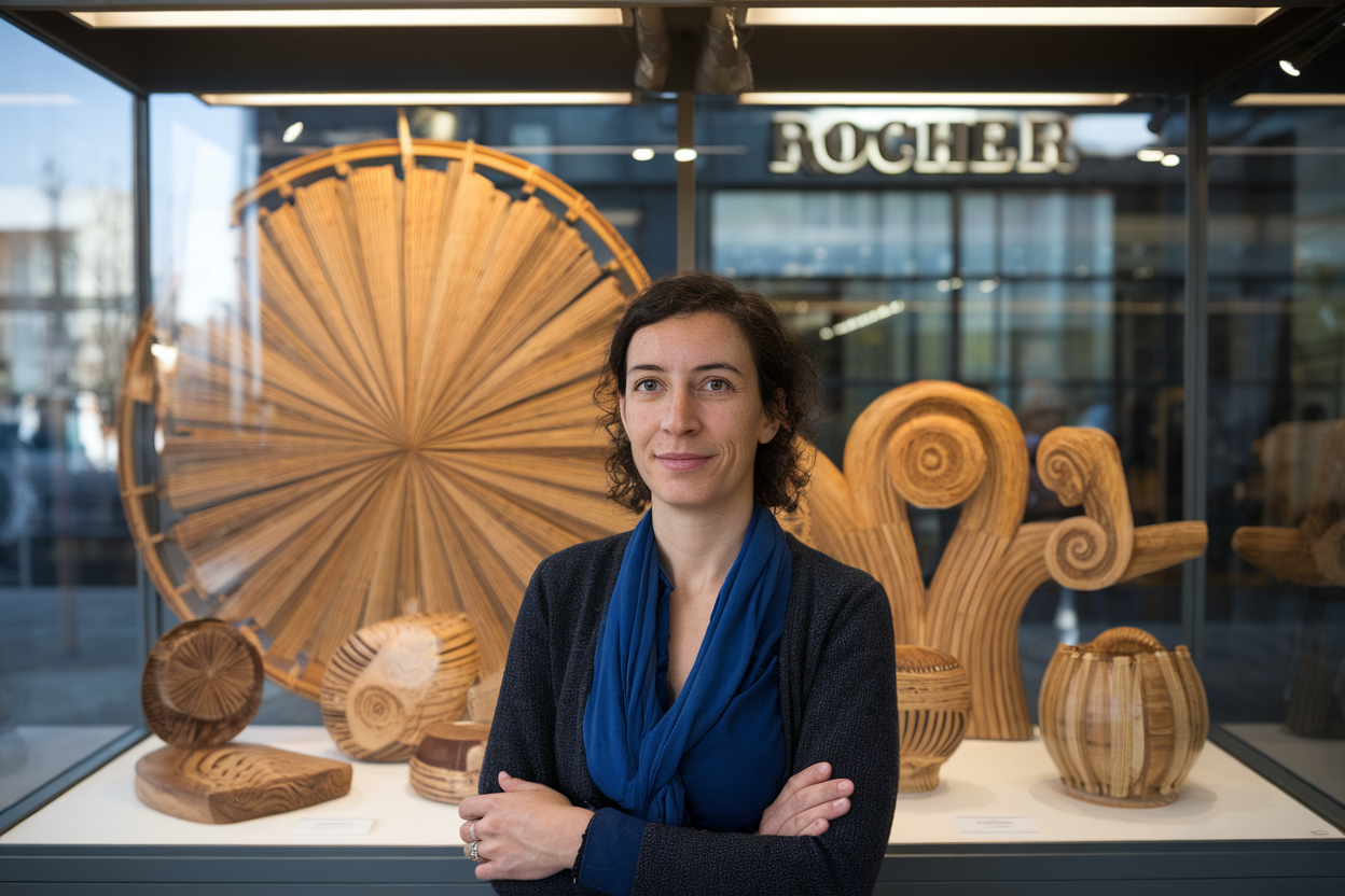 Amandine Paillasse, marqueterie de bois et paille, en vitrine sur le