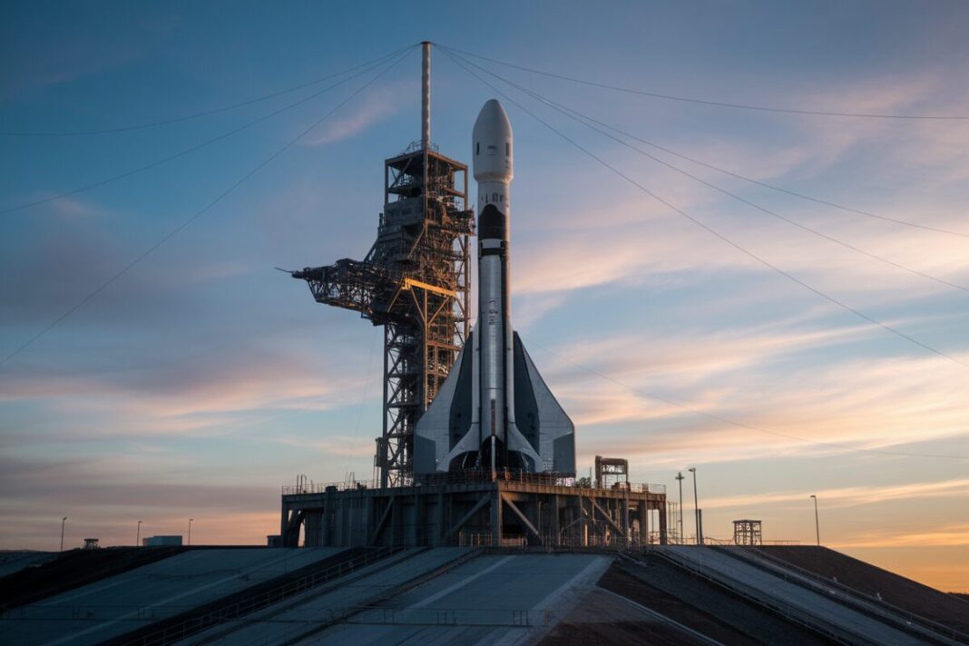 SpaceX Starship prêt pour le lancement Le Starship de SpaceX sur la rampe de lancement à l'aube
