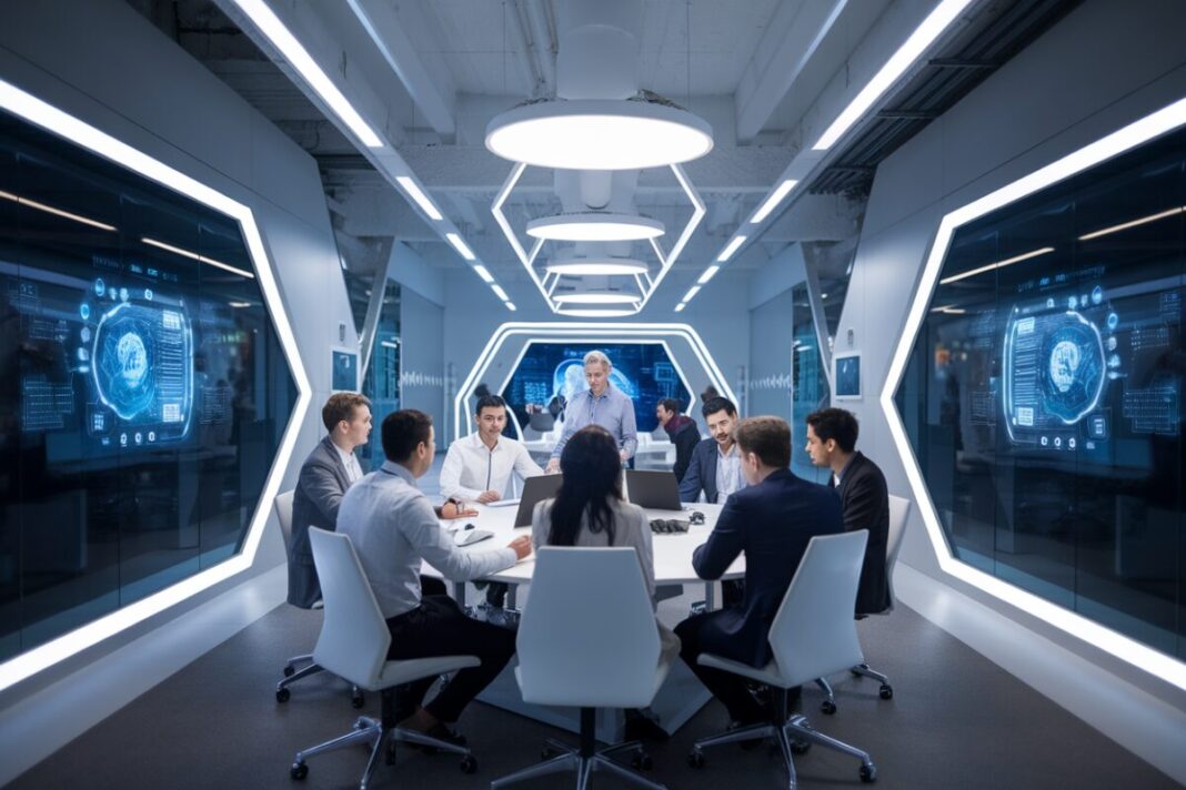 Futuristic Office with AI Technology Un bureau futuriste avec des technologies d'IA avancées