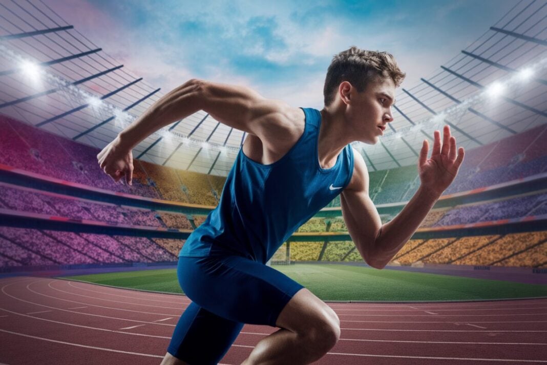 Jeune athlète en pleine action Un jeune athlète performant dans un stade vibrant