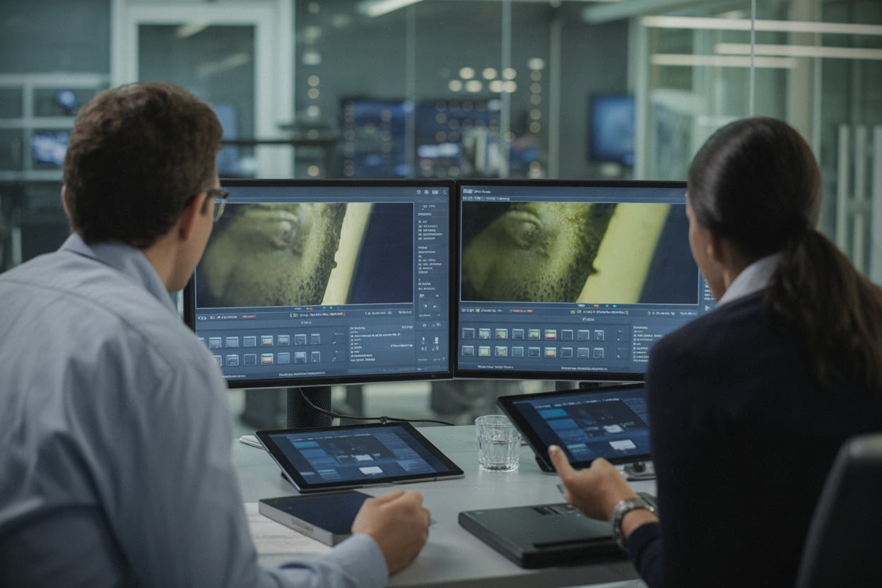 Techniciens contrôlant des versions vidéo modifiées par intelligence artificielle